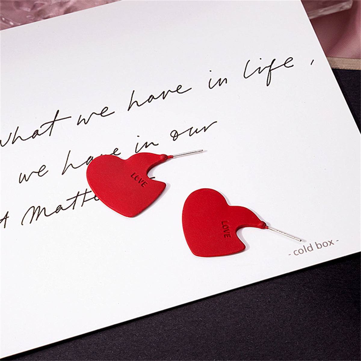Red Enamel and Silver-Plated 'Love' Heart Huggie Earrings, silver huggie earrings, elegant gift for her, detail close-up