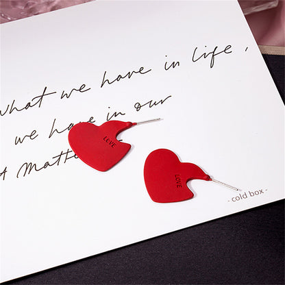 Red Enamel and Silver-Plated 'Love' Heart Huggie Earrings, silver huggie earrings, elegant gift for her, detail close-up