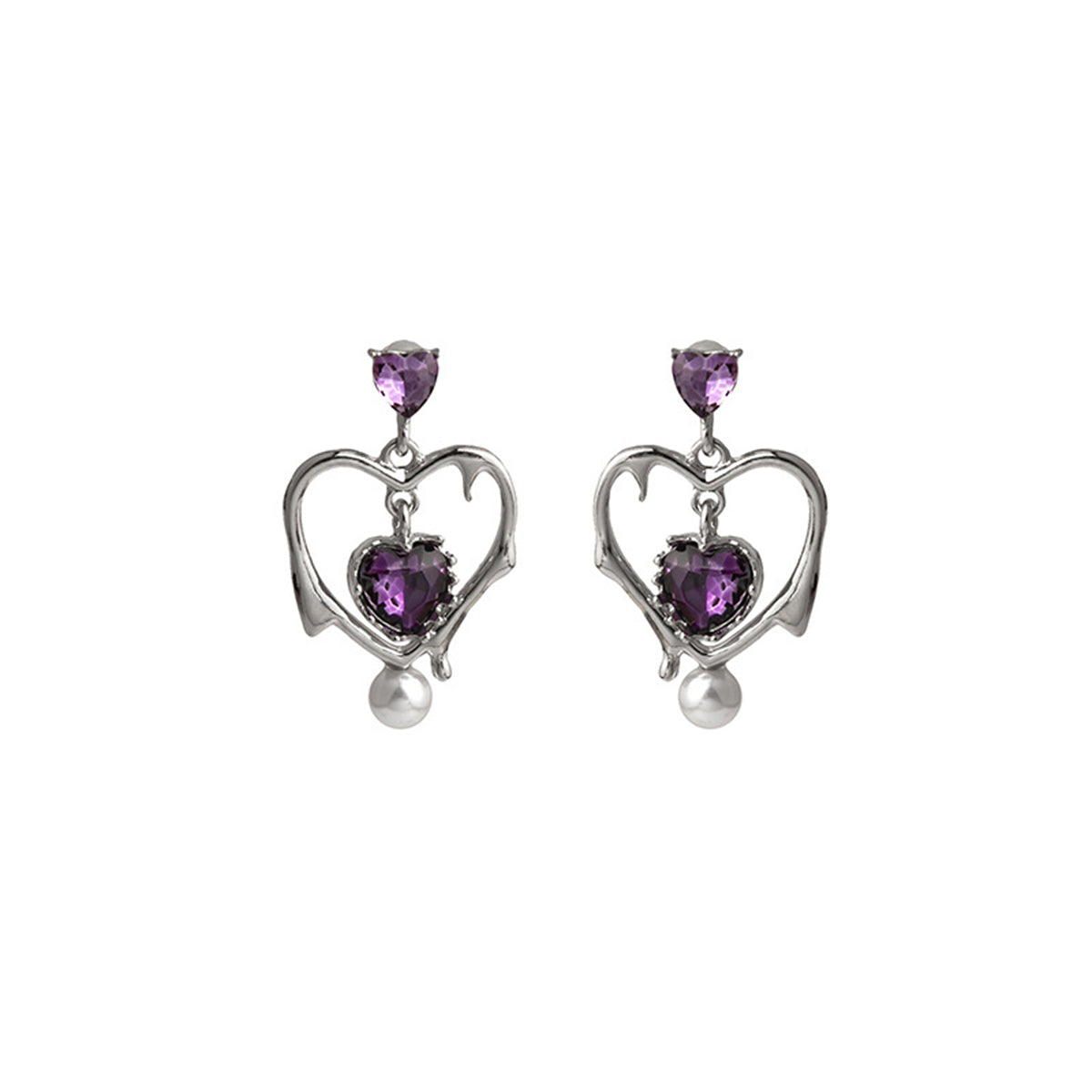 Purple Crystal and Pearl Silver-Plated Open Heart Drop Earrings, silver drop earrings for women, front view