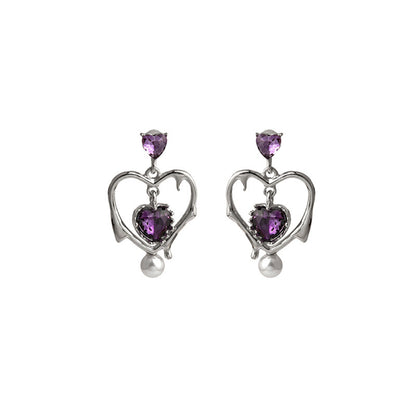 Purple Crystal and Pearl Silver-Plated Open Heart Drop Earrings, silver drop earrings for women, front view