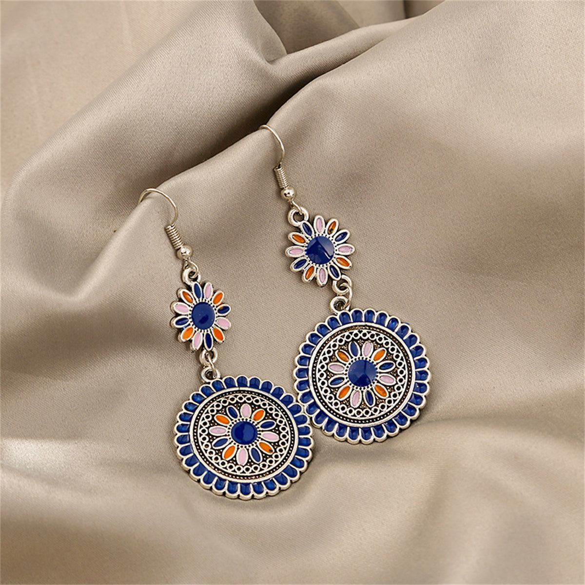 Blue Enamel and Silver-Plated Sunflower Tiered Drop Earrings, silver drop earrings for women, front view