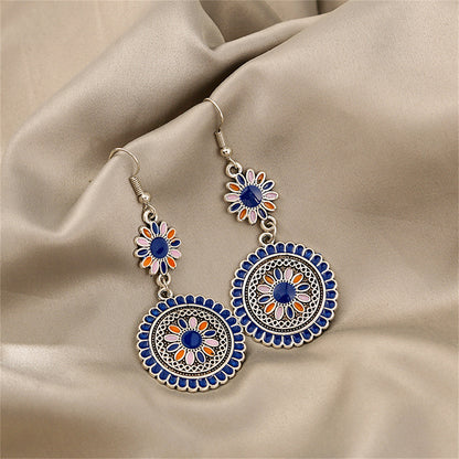 Blue Enamel and Silver-Plated Sunflower Tiered Drop Earrings, silver drop earrings for women, front view