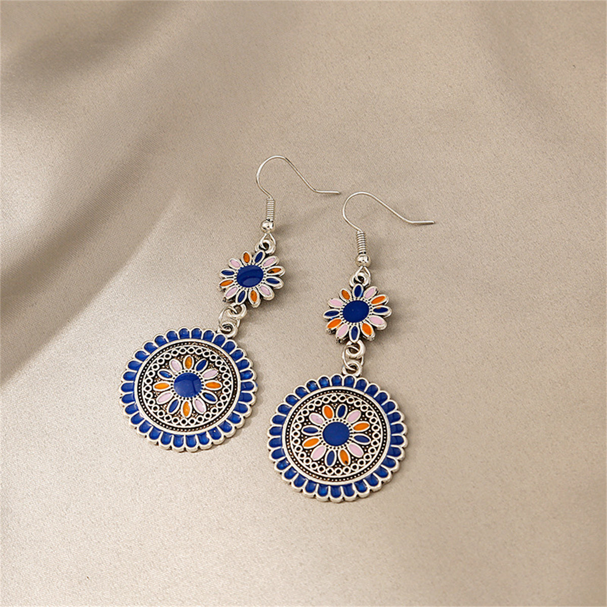 Blue Enamel and Silver-Plated Sunflower Tiered Drop Earrings, silver drop earrings for women, detail close-up