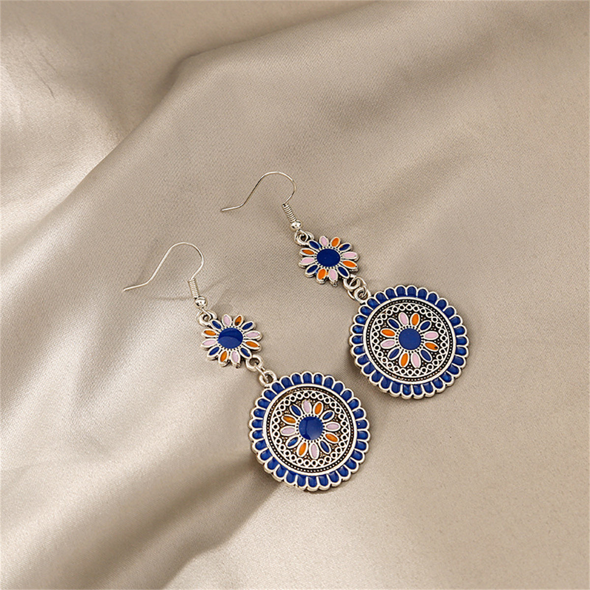 Blue Enamel and Silver-Plated Sunflower Tiered Drop Earrings, silver drop earrings for women, elegant gift for her, side view