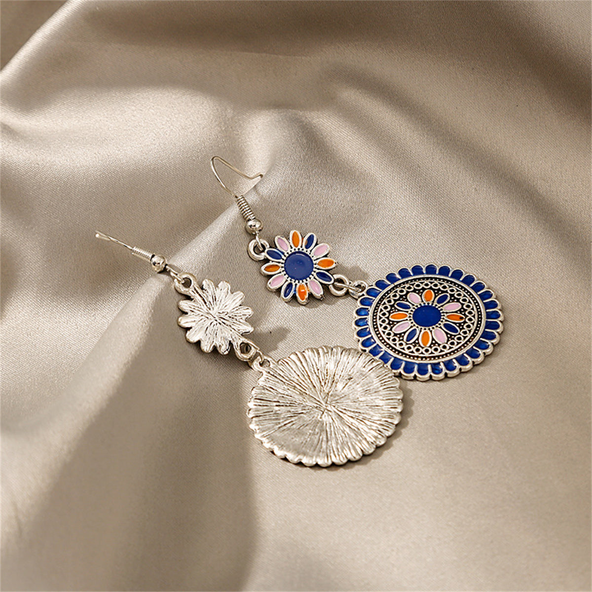 Blue Enamel and Silver-Plated Sunflower Tiered Drop Earrings, silver drop earrings for women, lifestyle look