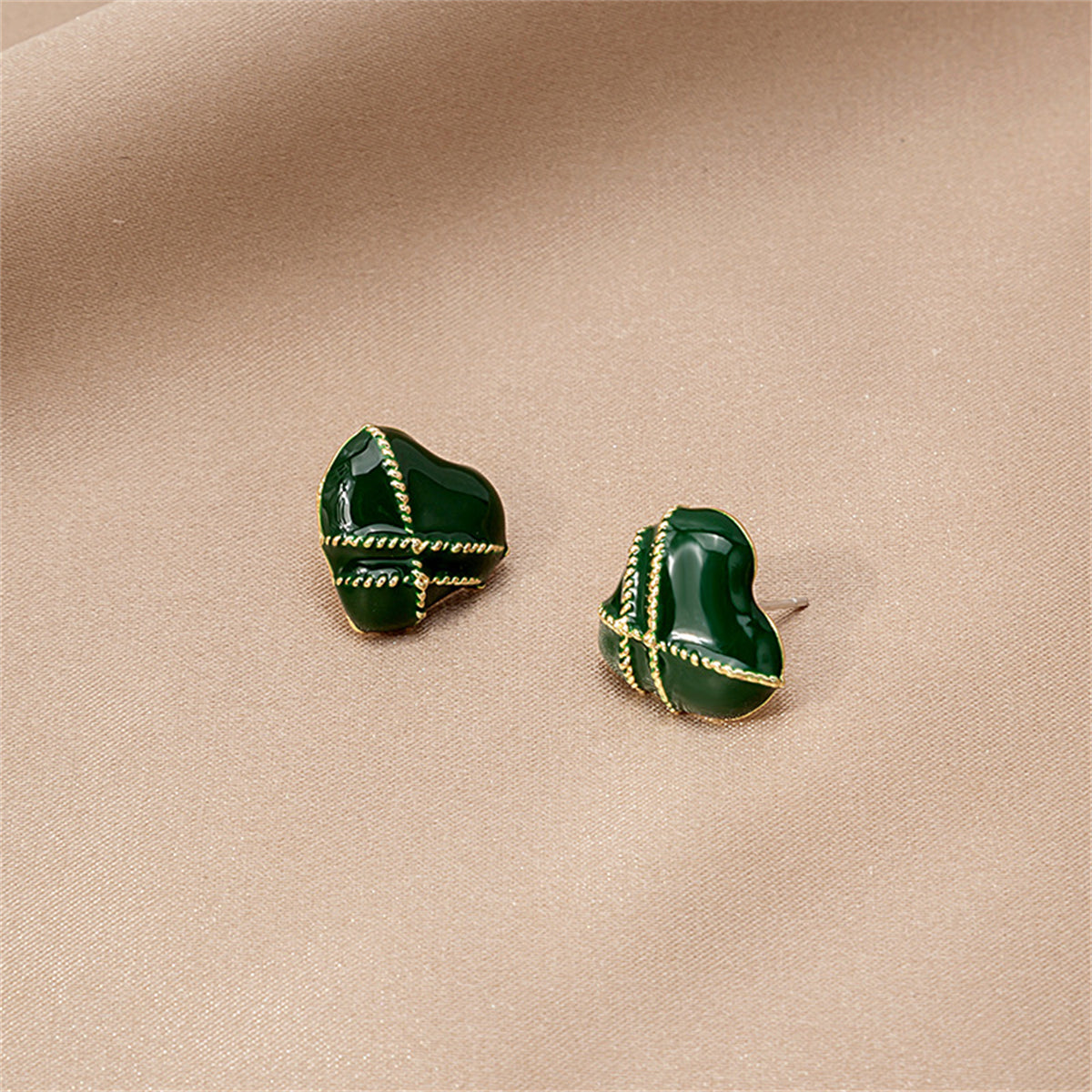 Green Enamel & 18K Gold-Plated Striped Heart Stud Earrings