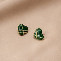 Green Enamel & 18k Gold-Plated Striped Heart Stud Earrings