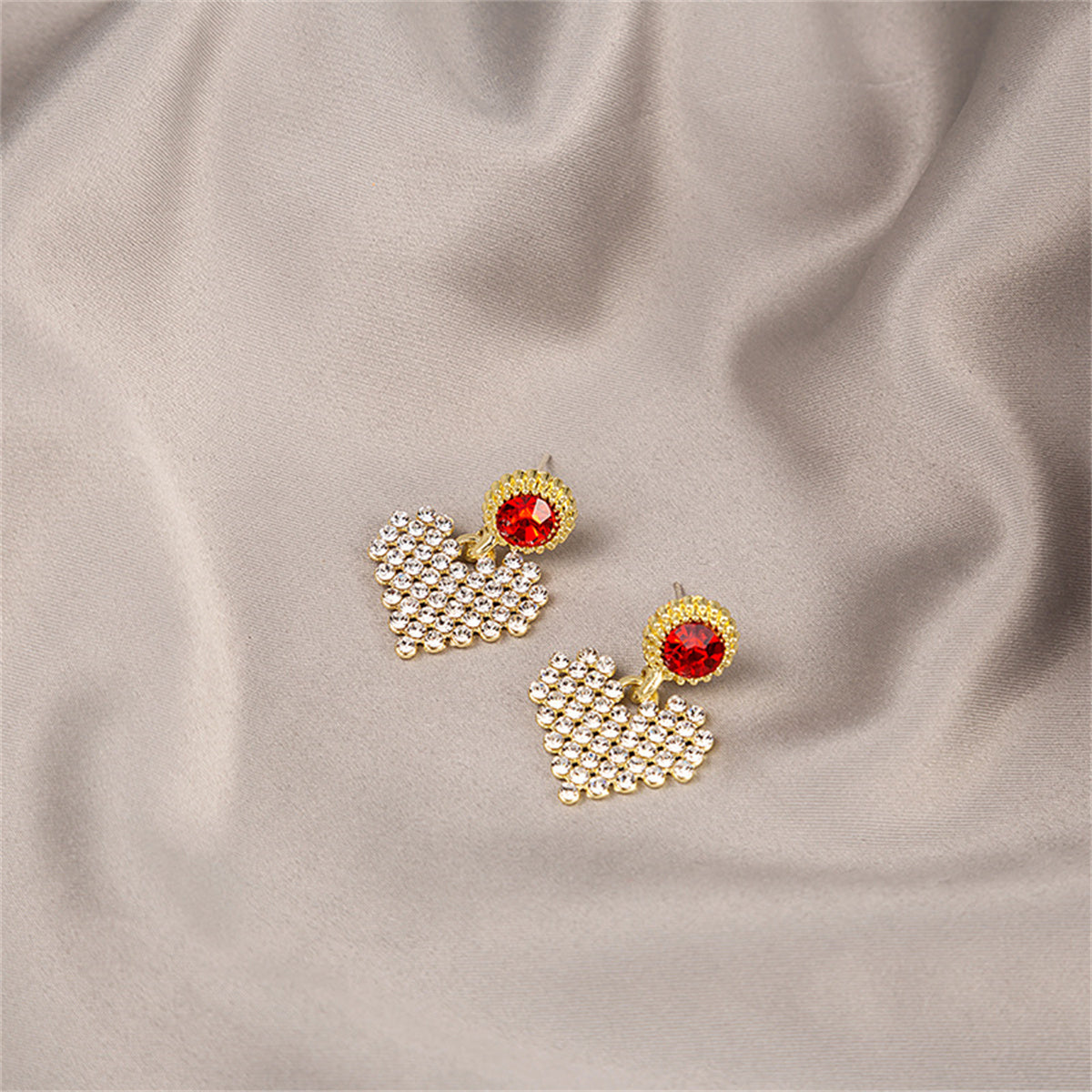 Red Cubic Zirconia and 18K Gold-Plated Heart Drop Earrings, gold drop earrings for women, botanical inspired, front view