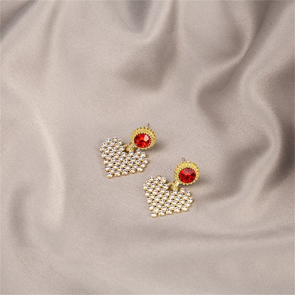 Red Cubic Zirconia and 18K Gold-Plated Heart Drop Earrings, gold drop earrings for women, botanical inspired, front view