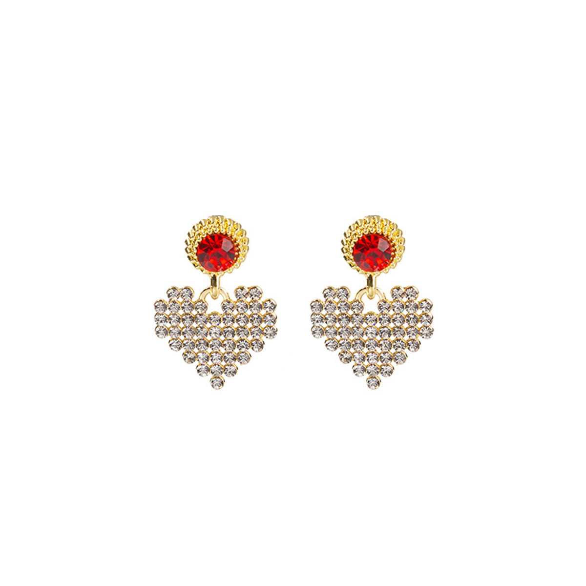 Red Cubic Zirconia and 18K Gold-Plated Heart Drop Earrings, gold drop earrings for women, botanical inspired, side view
