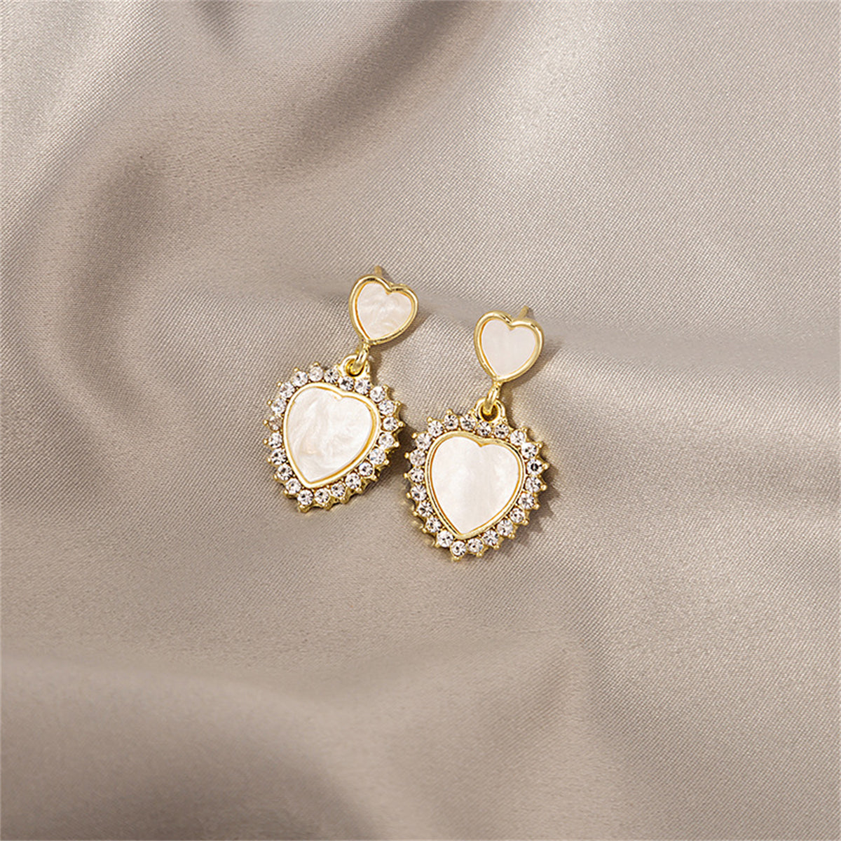 White Acrylic and Cubic Zirconia Double Heart Dangle Earrings, drop earrings for women, vintage-inspired design, front view