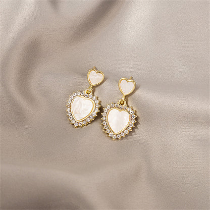 White Acrylic and Cubic Zirconia Double Heart Dangle Earrings, drop earrings for women, vintage-inspired design, front view