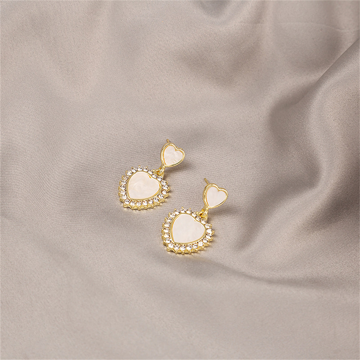 White Acrylic and Cubic Zirconia Double Heart Dangle Earrings, drop earrings for women, detail close-up