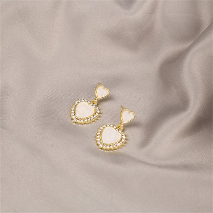 White Acrylic and Cubic Zirconia Double Heart Dangle Earrings, drop earrings for women, detail close-up