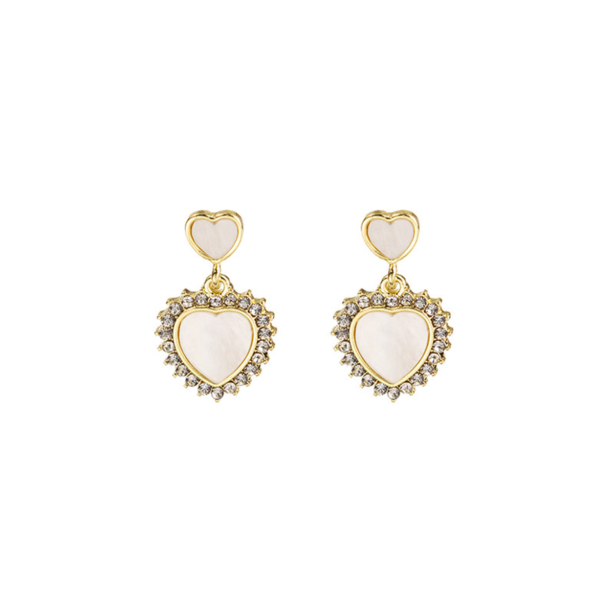 White Acrylic and Cubic Zirconia Double Heart Dangle Earrings, drop earrings for women, vintage-inspired design, side view