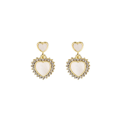 White Acrylic and Cubic Zirconia Double Heart Dangle Earrings, drop earrings for women, vintage-inspired design, side view