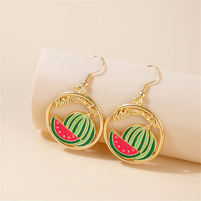 Green Enamel and 18K Gold-Plated Watermelon Circle Drop Earrings, gold drop earrings for women, front view