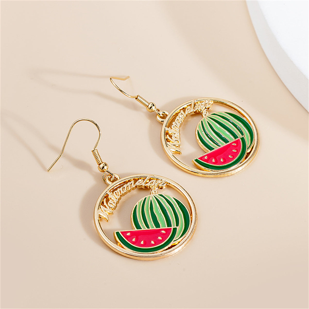 Green Enamel and 18K Gold-Plated Watermelon Circle Drop Earrings, gold drop earrings for women, side view