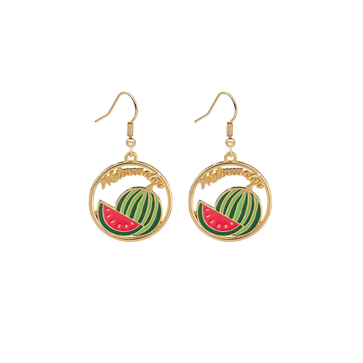 Green Enamel and 18K Gold-Plated Watermelon Circle Drop Earrings, gold drop earrings for women, detail close-up