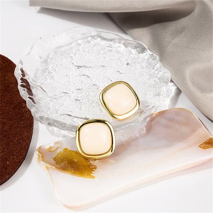 Cream Resin and 18K Gold-Plated Square Stud Earrings, gold stud earrings for women, botanical inspired, front view