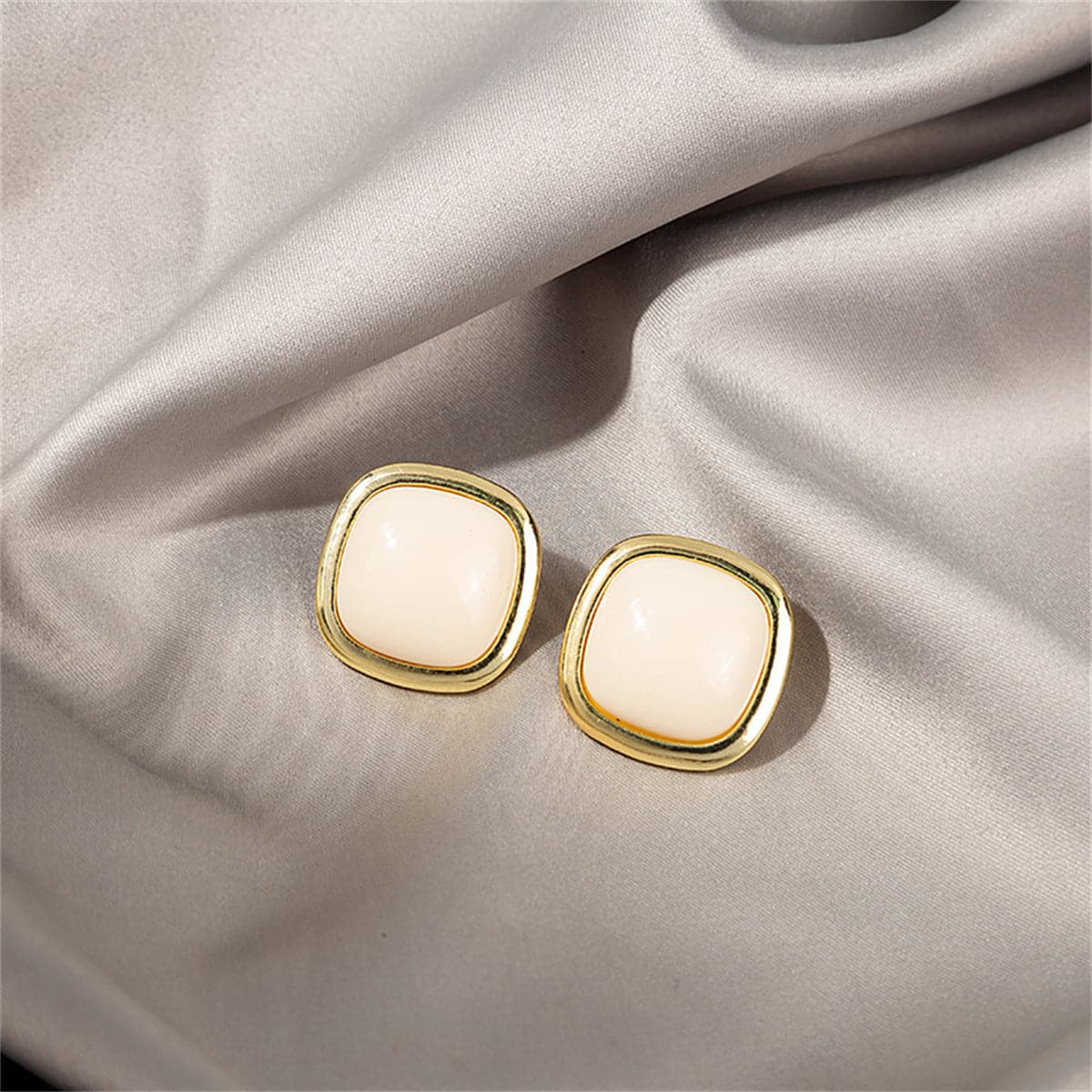 Cream Resin and 18K Gold-Plated Square Stud Earrings, gold stud earrings for women, botanical inspired, detail close-up