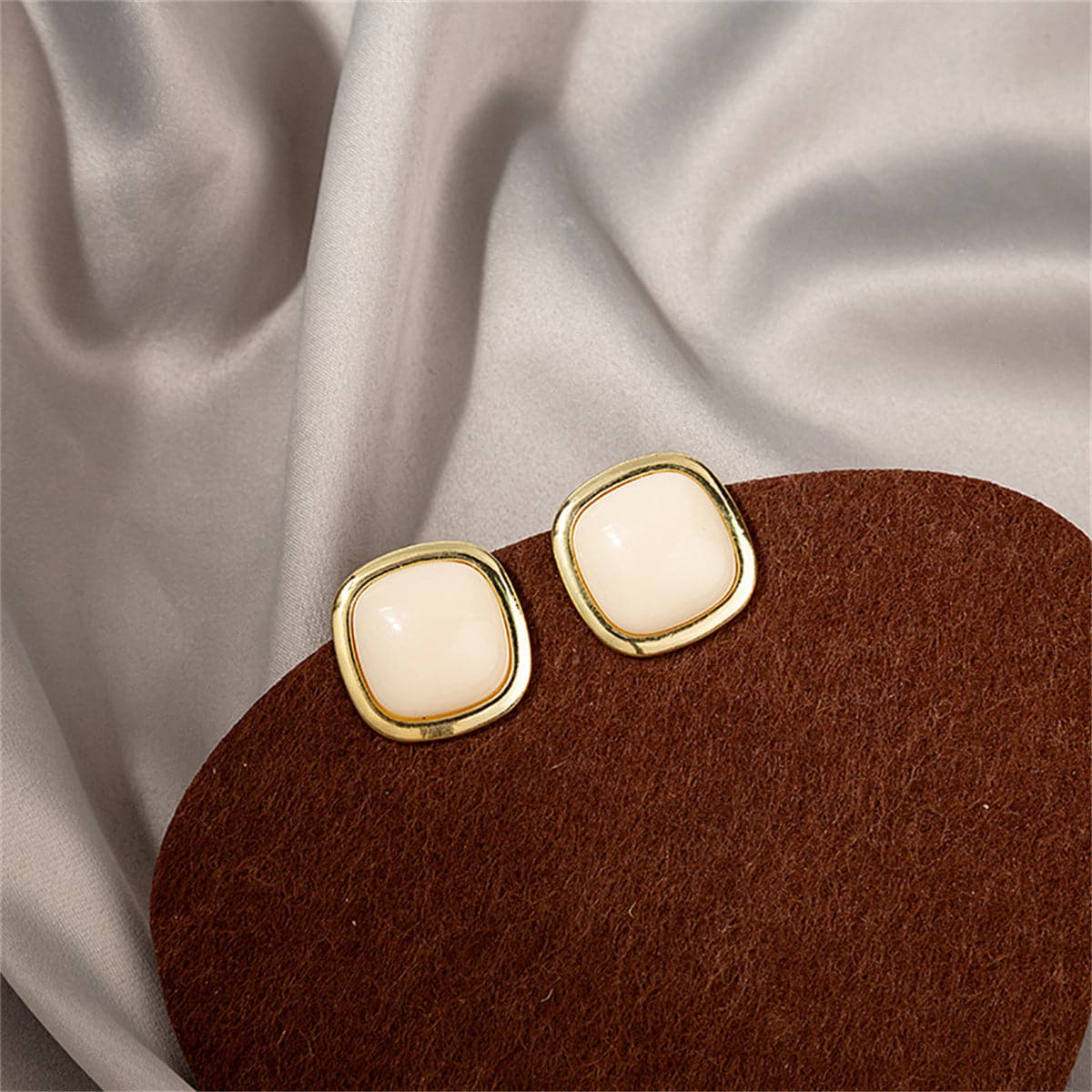 Cream Resin and 18K Gold-Plated Square Stud Earrings, gold stud earrings for women, botanical inspired, side view
