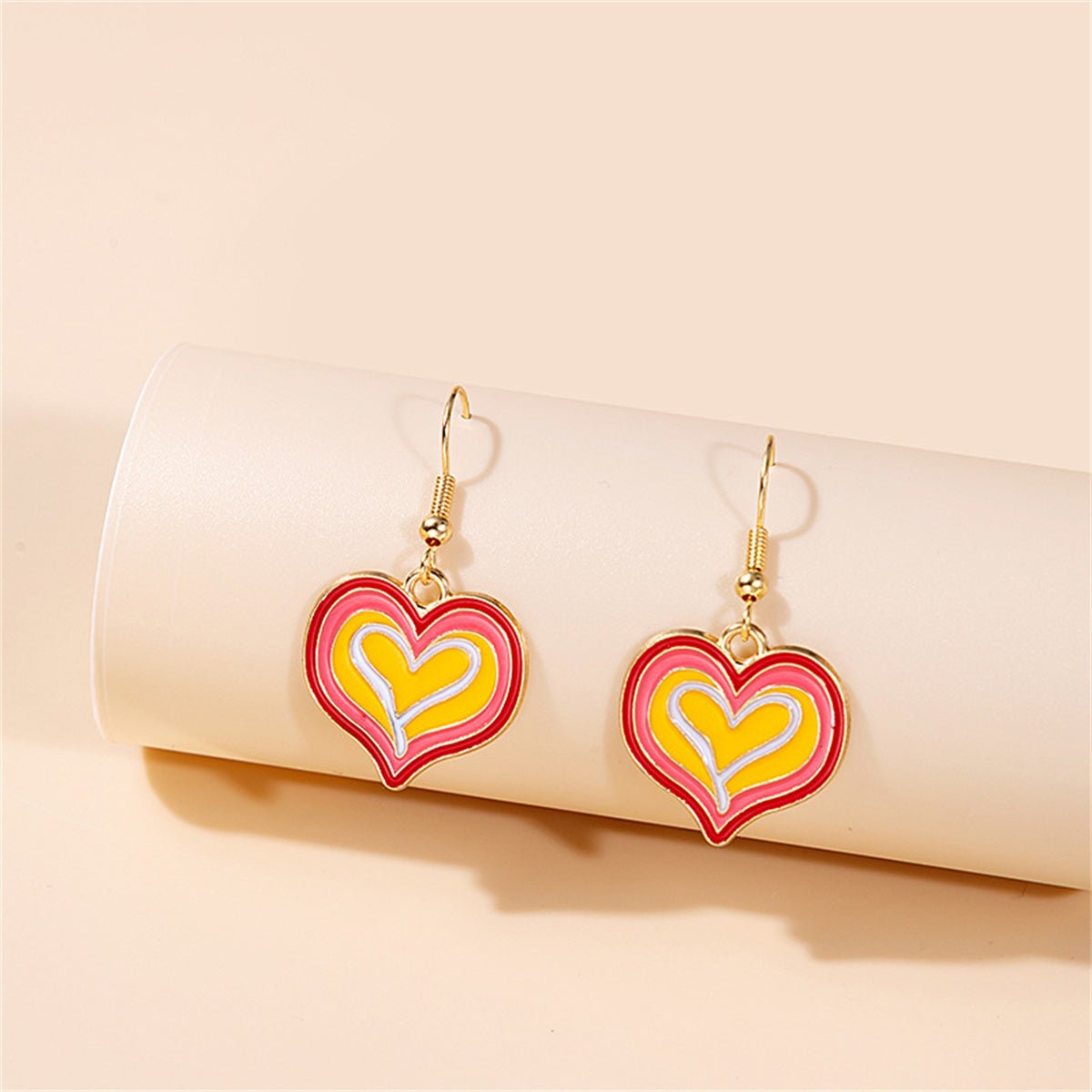 Yellow Enamel and 18K Gold-Plated Layered Heart Drop Earrings, gold drop earrings for women, front view