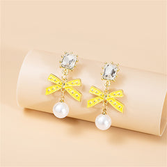 Crystal & Yellow Enamel Pearl 18K Gold-Plated Bow Drop Earrings