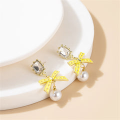 Crystal & Yellow Enamel Pearl 18K Gold-Plated Bow Drop Earrings
