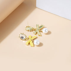 Crystal & Yellow Enamel Pearl 18K Gold-Plated Bow Drop Earrings