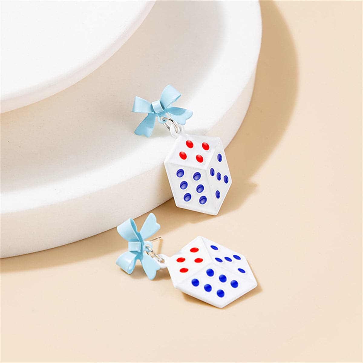 White Enamel and Silver-Plated Bow Dice Drop Earrings, silver drop earrings for women, everyday style, front view