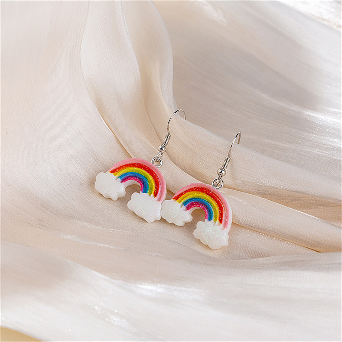 Pink and White Glitter Rainbow Cloud Drop Earrings, drop earrings for women, everyday style, front view
