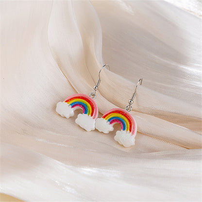 Pink and White Glitter Rainbow Cloud Drop Earrings, drop earrings for women, everyday style, front view
