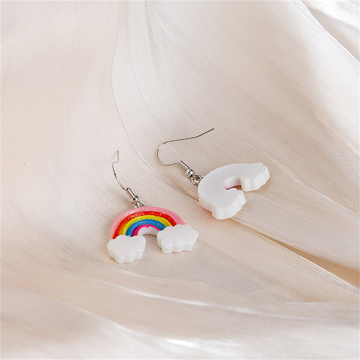 Pink and White Glitter Rainbow Cloud Drop Earrings, drop earrings for women, everyday style, lifestyle look