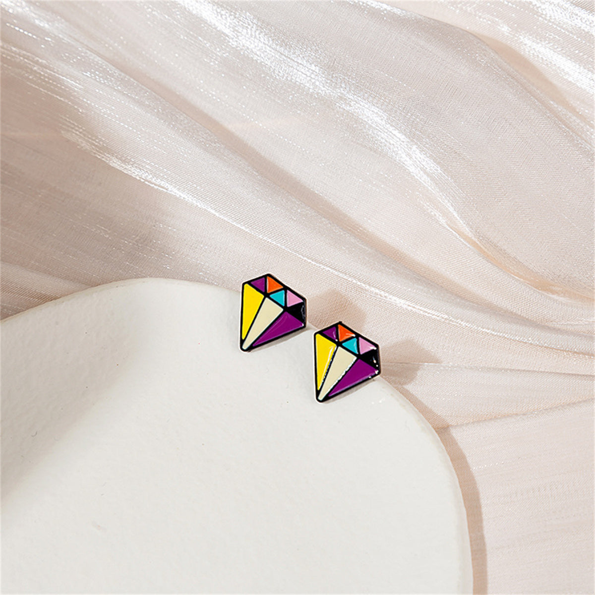 Yellow and Purple Multicolor Diamond-Shape Stud Earrings, stud earrings for women, everyday style, front view