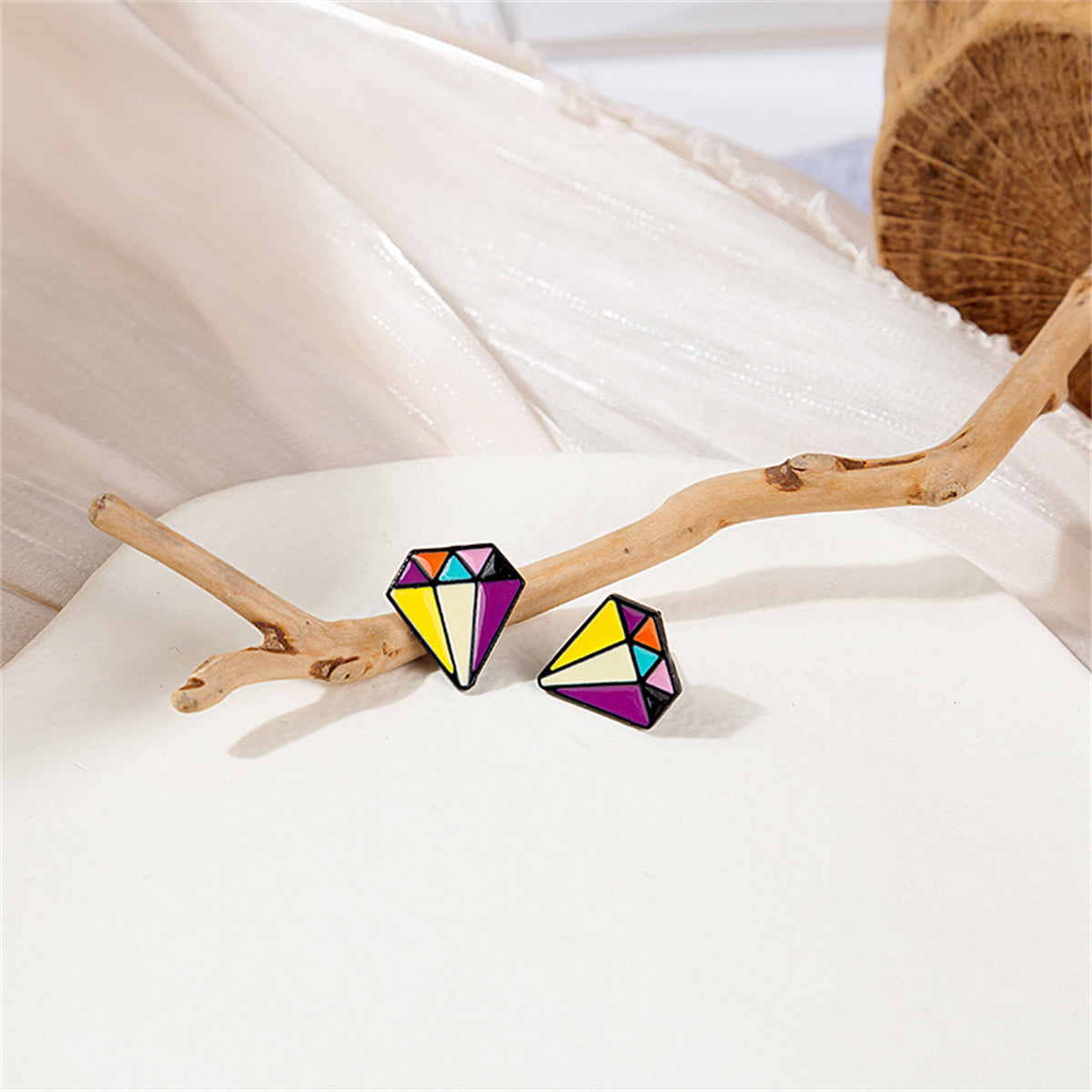 Yellow and Purple Multicolor Diamond-Shape Stud Earrings, stud earrings for women, everyday style, detail close-up