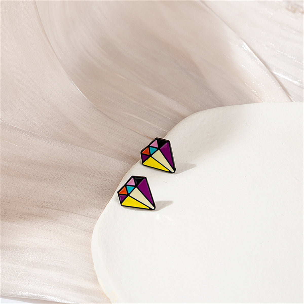 Yellow and Purple Multicolor Diamond-Shape Stud Earrings, stud earrings for women, everyday style, lifestyle look