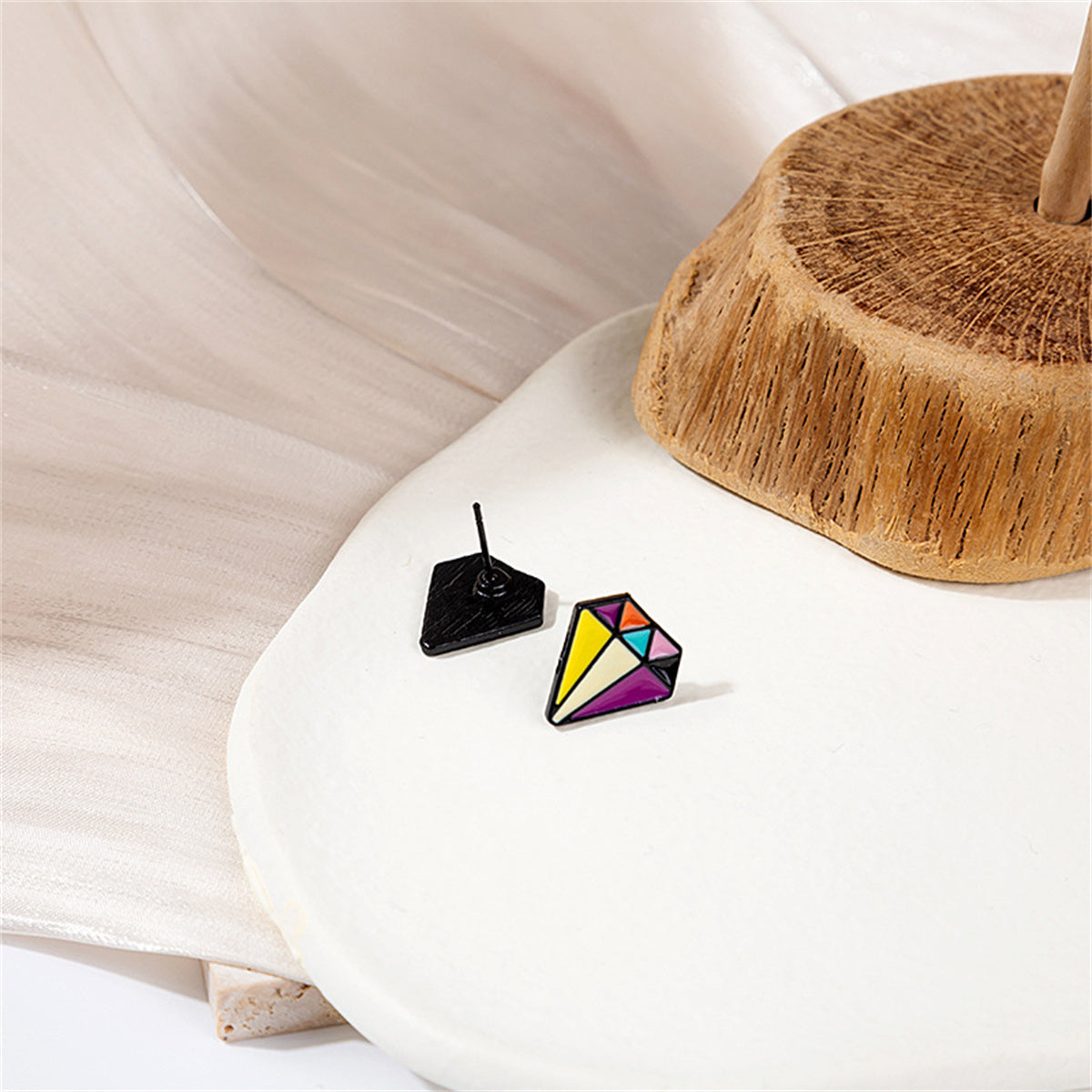 Yellow and Purple Multicolor Diamond-Shape Stud Earrings, stud earrings for women, everyday style, side view