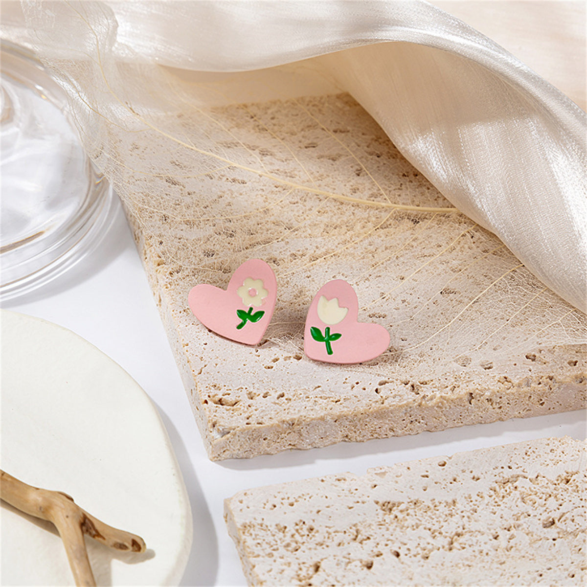 Pink Enamel and Silver-Plated Flower Heart Stud Earrings, silver stud earrings for women, elegant gift for her, front view