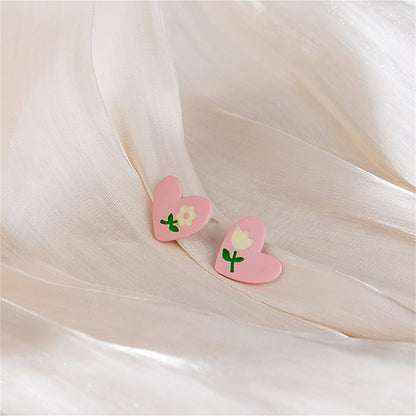 Pink Enamel and Silver-Plated Flower Heart Stud Earrings, silver stud earrings for women, detail close-up