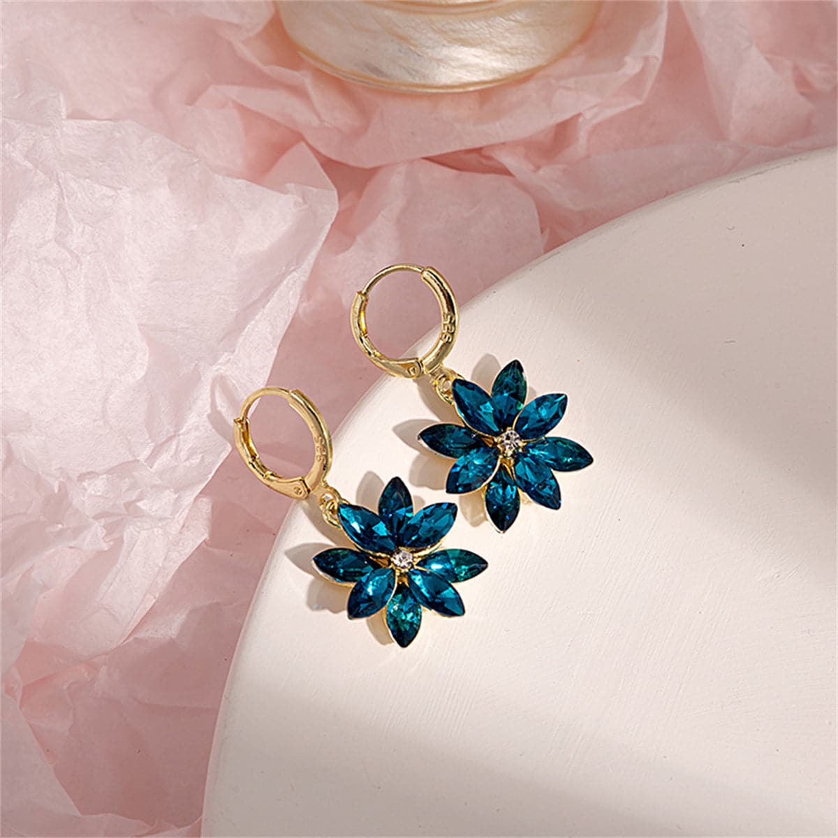 Blue Crystal & Cubic Zirconia Floral Huggie Earrings