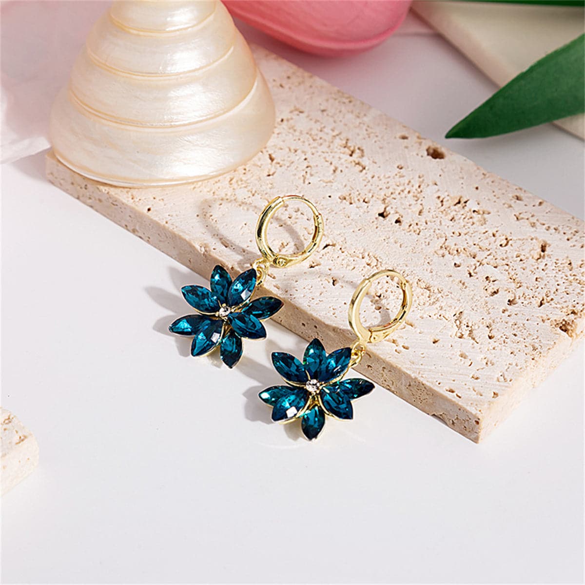 Blue Crystal & Cubic Zirconia Floral Huggie Earrings