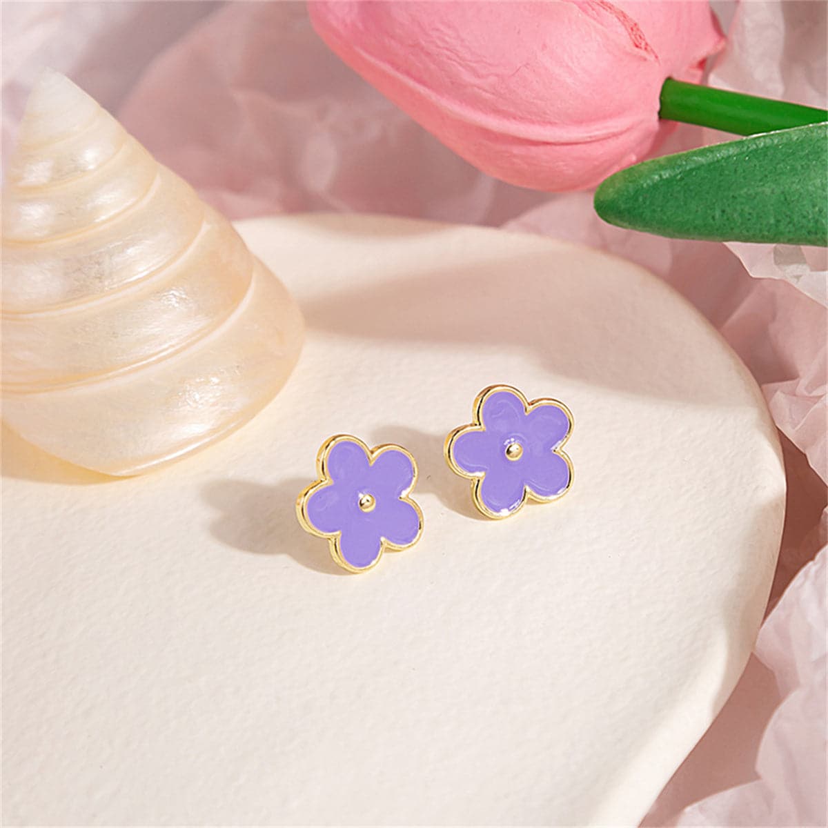 Purple Enamel and 18K Gold-Plated Flower Stud Earrings, gold stud earrings for women, elegant gift for her, front view