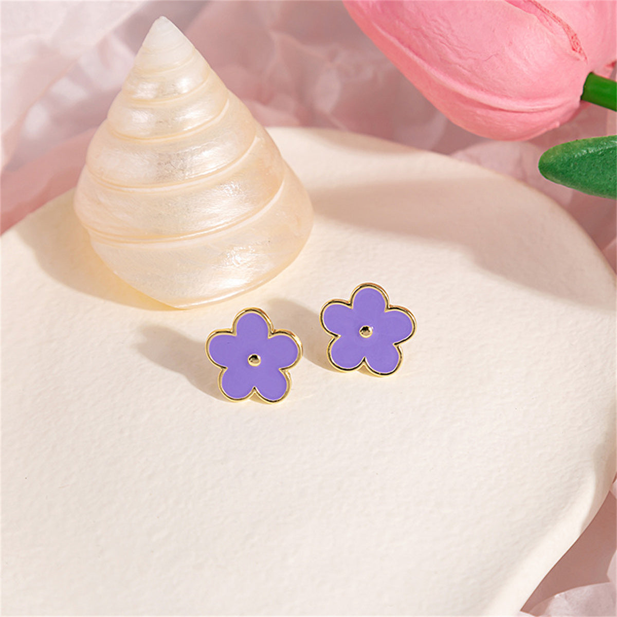 Purple Enamel and 18K Gold-Plated Flower Stud Earrings, gold stud earrings for women, elegant gift for her, side view