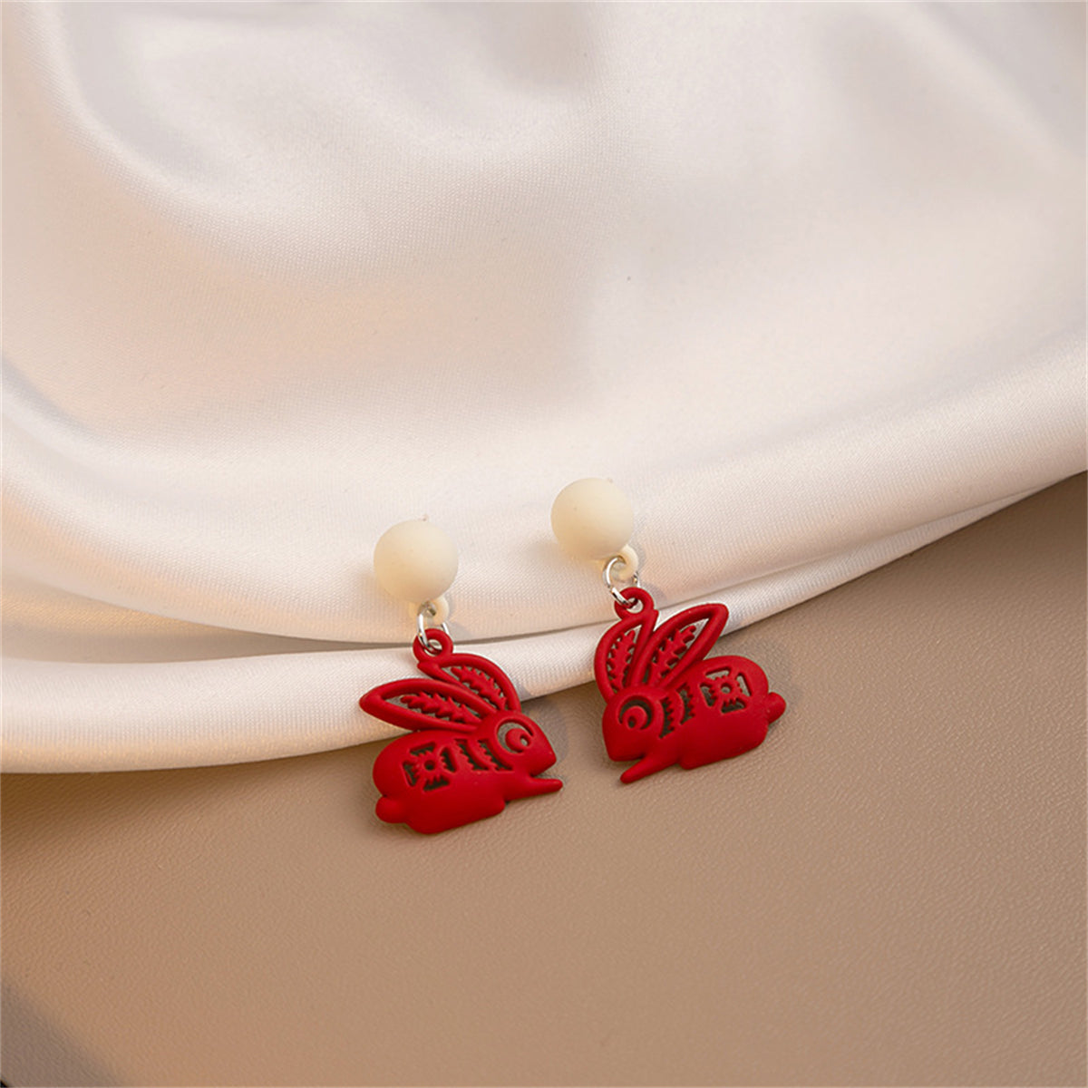 Red Enamel & Silver-Plated Abstract Rabbit Drop Earrings