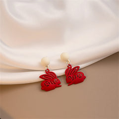 Red Enamel & Silver-Plated Abstract Rabbit Drop Earrings