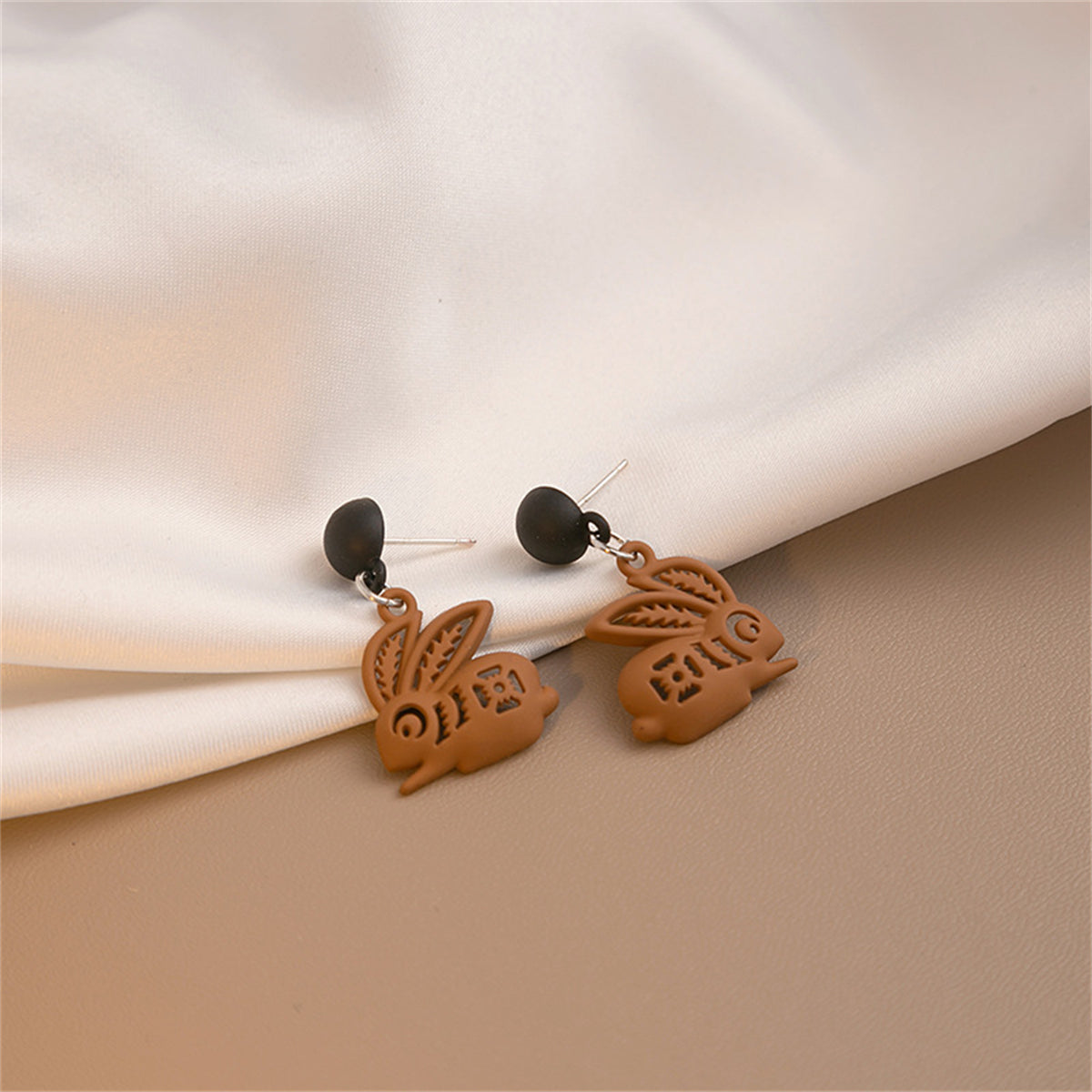 Coffee Enamel & Silver-Plated Rabbit Drop Earrings