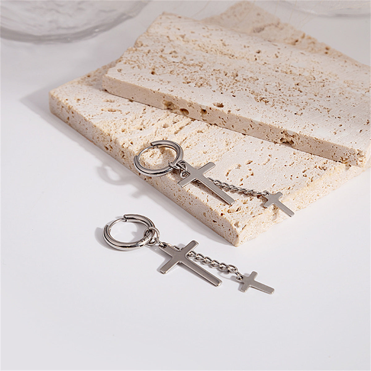 Silver-Plated Chain Cross Huggie Earrings, silver huggie earrings, elegant gift for her, lifestyle look