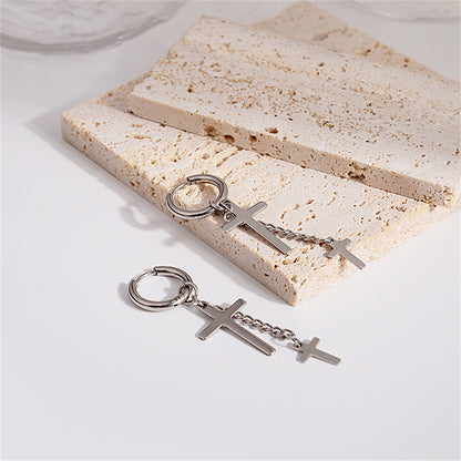 Silver-Plated Chain Cross Huggie Earrings, silver huggie earrings, elegant gift for her, lifestyle look