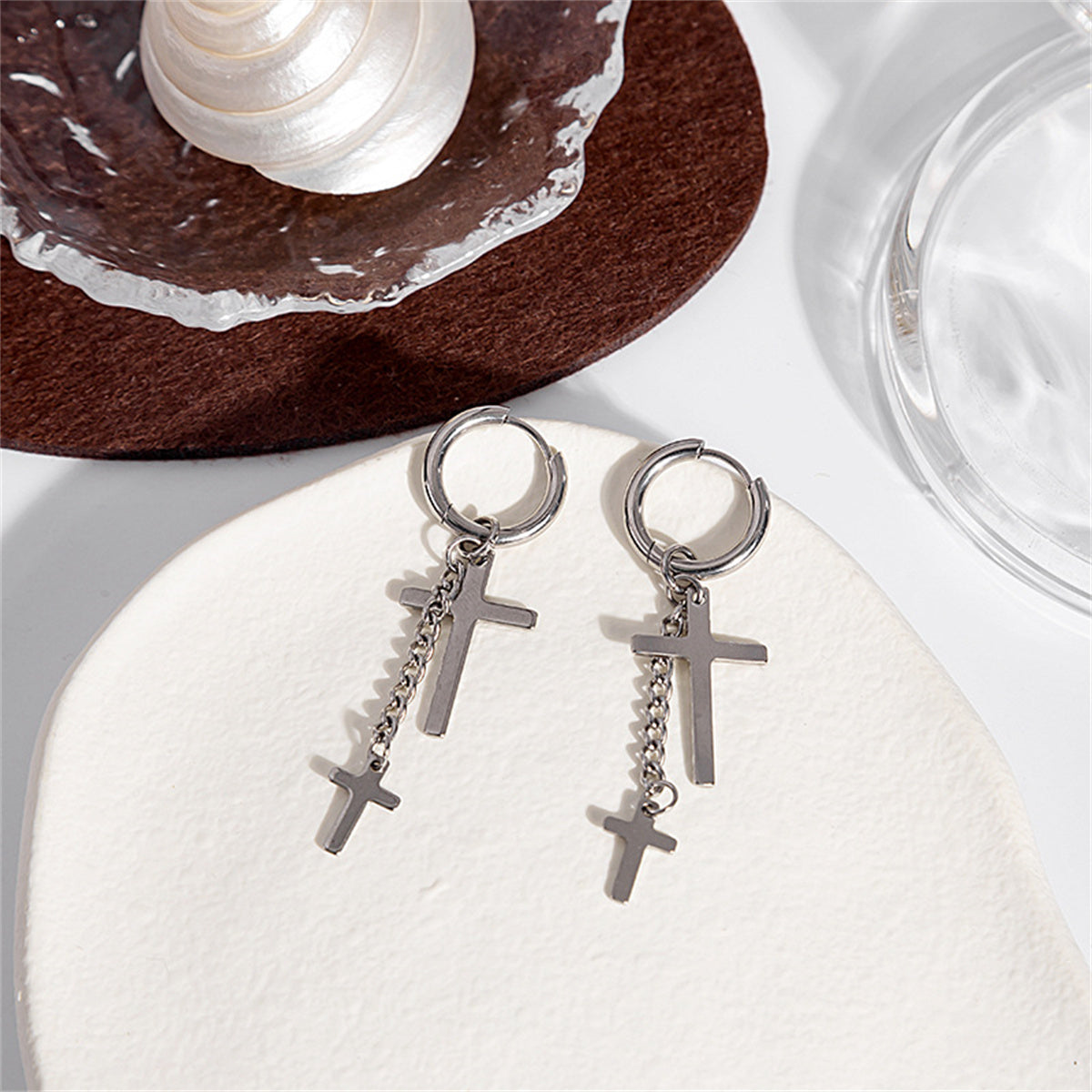 Silver-Plated Chain Cross Huggie Earrings, silver huggie earrings, elegant gift for her, side view